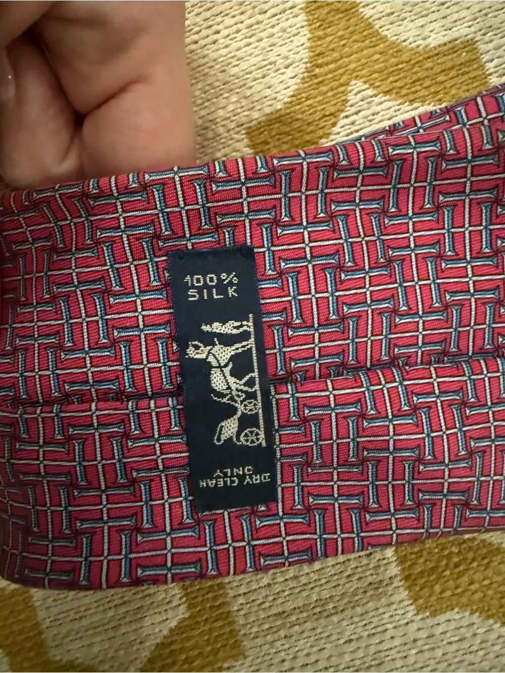 Hermes Paris 5249 SA Men’s 100% Silk Tie Red Blue H Logo Geometric Made France - Picture 3 of 4